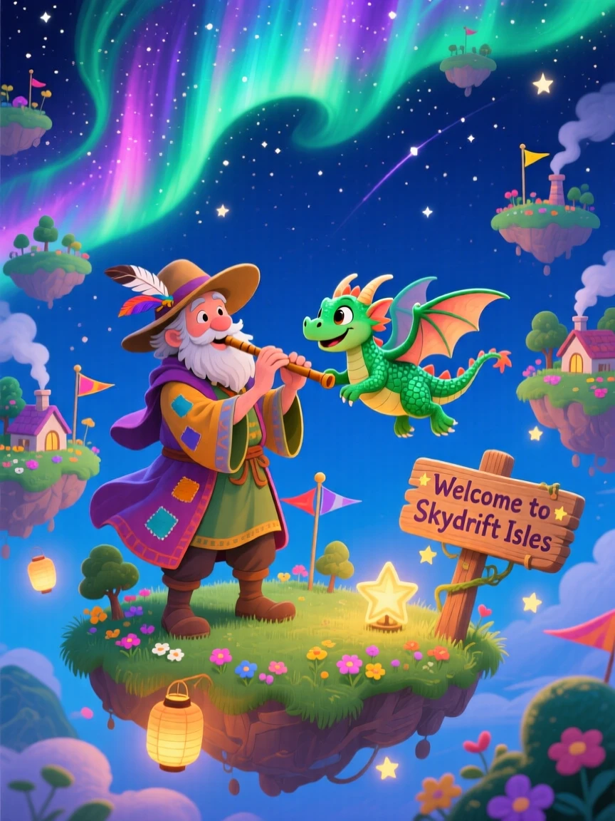 A wandering bard is training a baby dragon to fly in a sky full of drifting islands, as the northern lights ripple overhead.