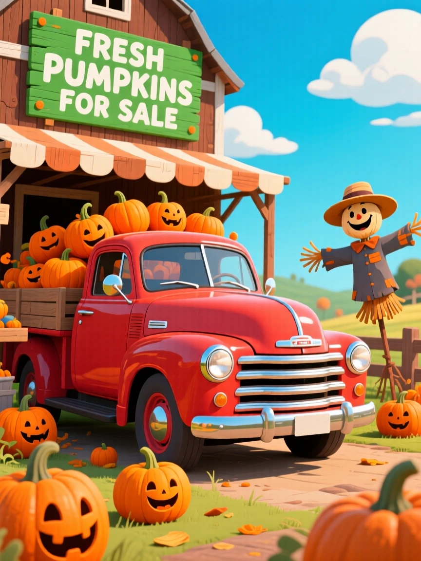 A vintage red truck loaded with pumpkins parked at a farm stand.
