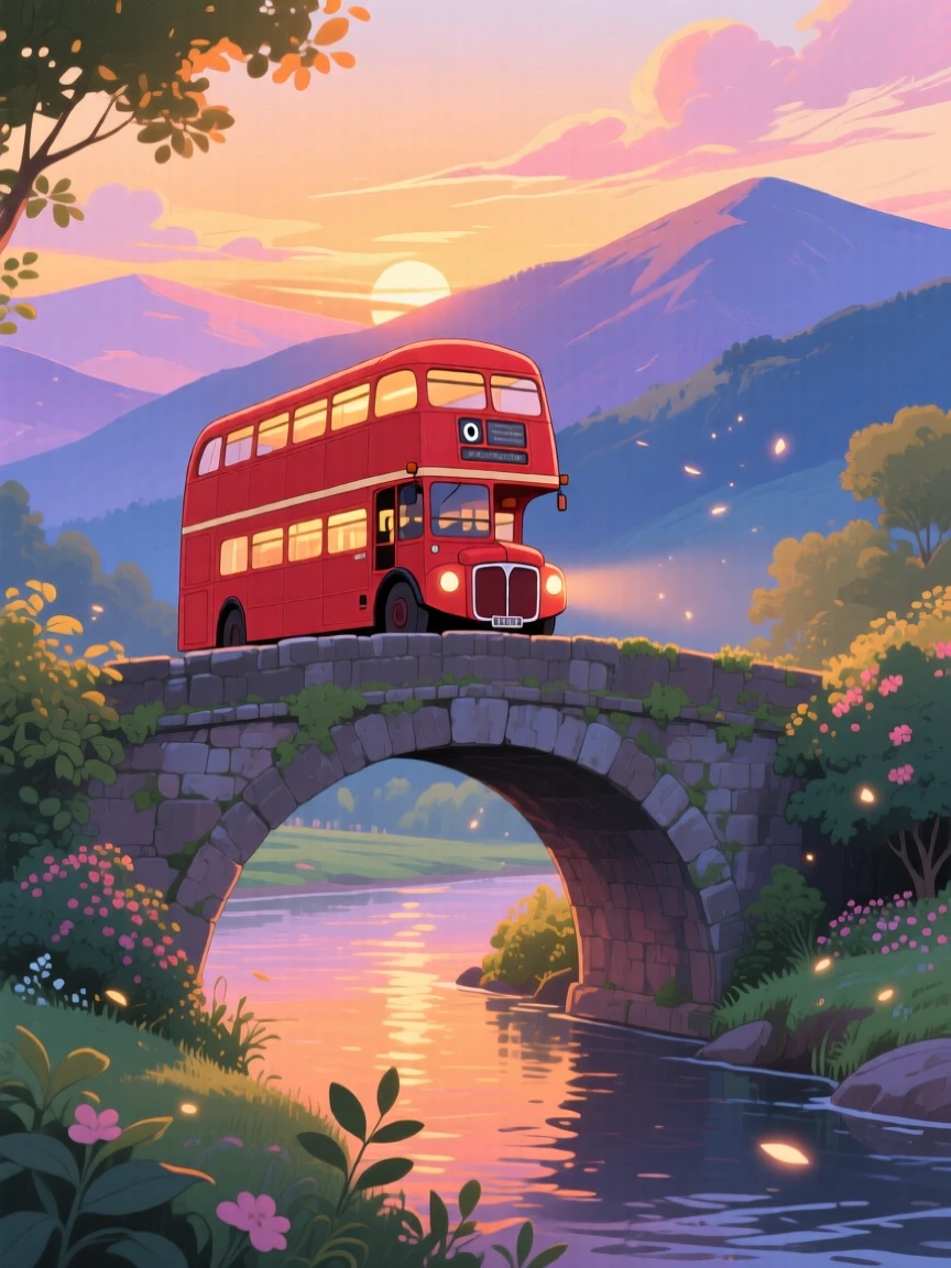 A charming scene of a red double-decker bus crossing a bridge at sunset, framed by distant mountains.