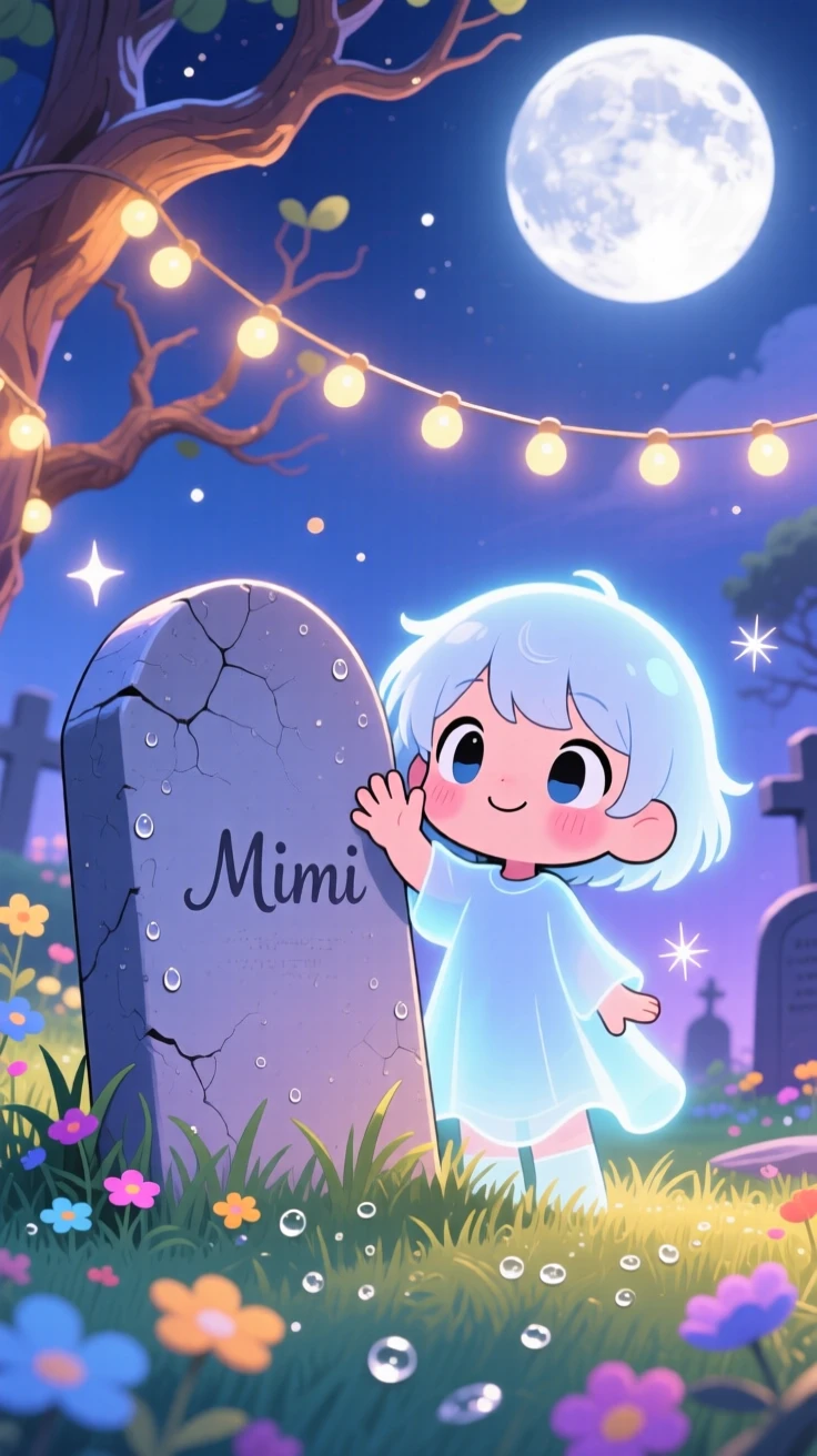 A shy ghost child waving hello from behind a tombstone, framed as a low-angle shot looking up within a whimsical moonlit graveyard garden, as morning dew glistens on the grass, glowing under glowing string lights, evoking warm affection.