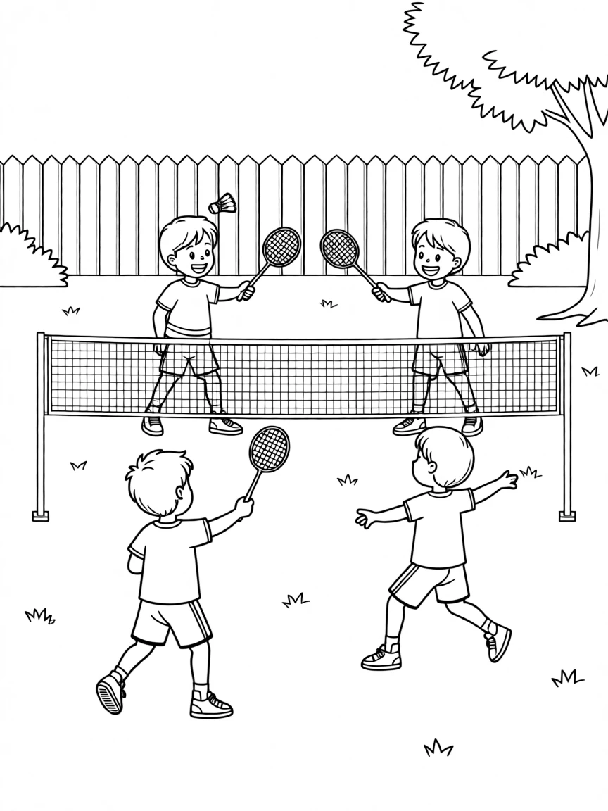 A group of children playing badminton in a backyard