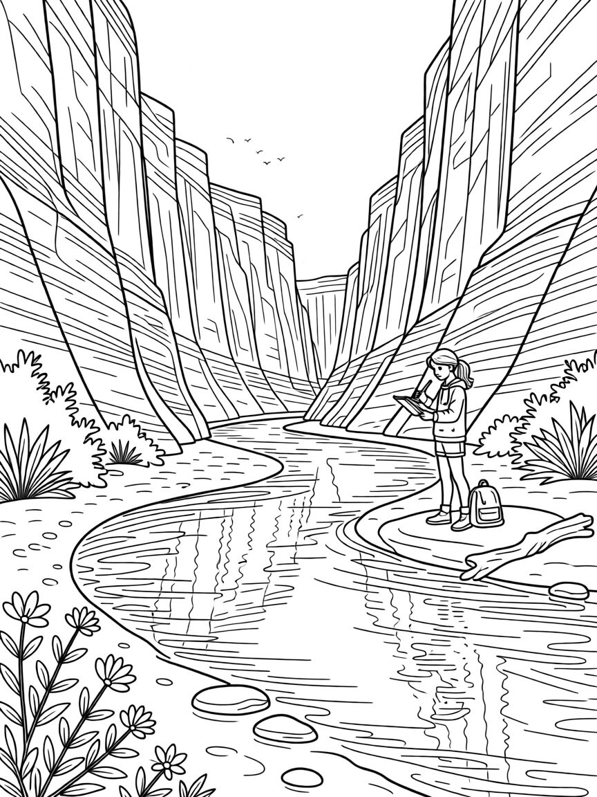 A canyon carved by a winding river, with reflections shimmering on the water's surface.