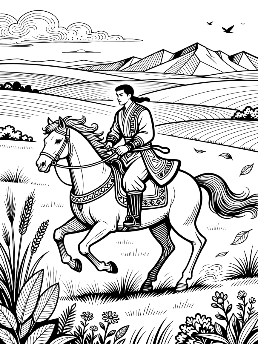 A horseman in traditional dress racing across the steppe.