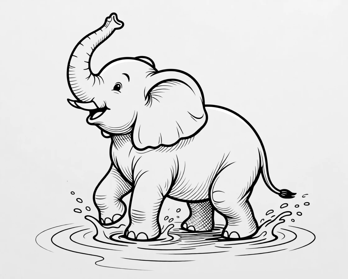 A baby elephant splashing in a puddle with its trunk raised