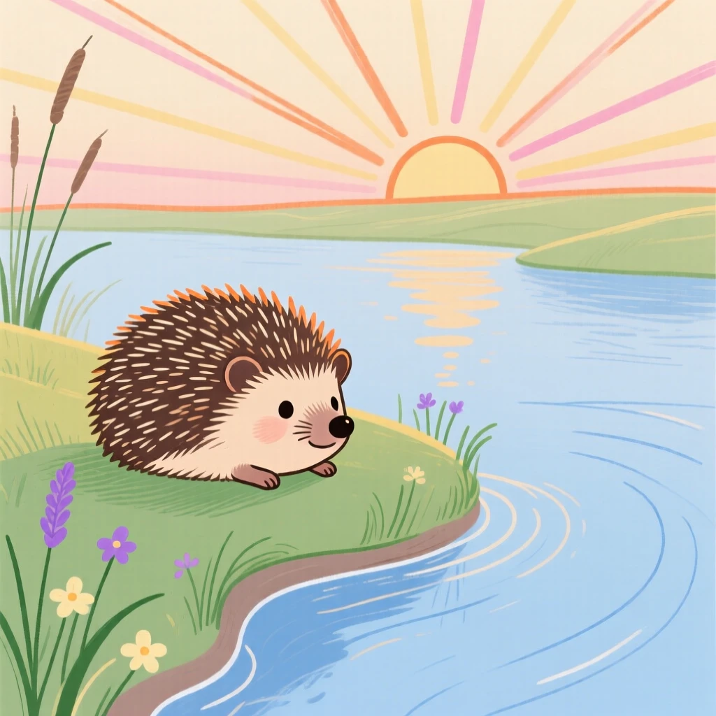 A small hedgehog resting along a quiet riverbank at sunrise.