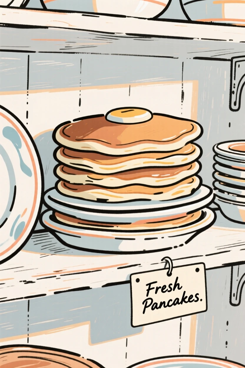 A stack of pancakes-shaped ceramic plates on a kitchen shelf.