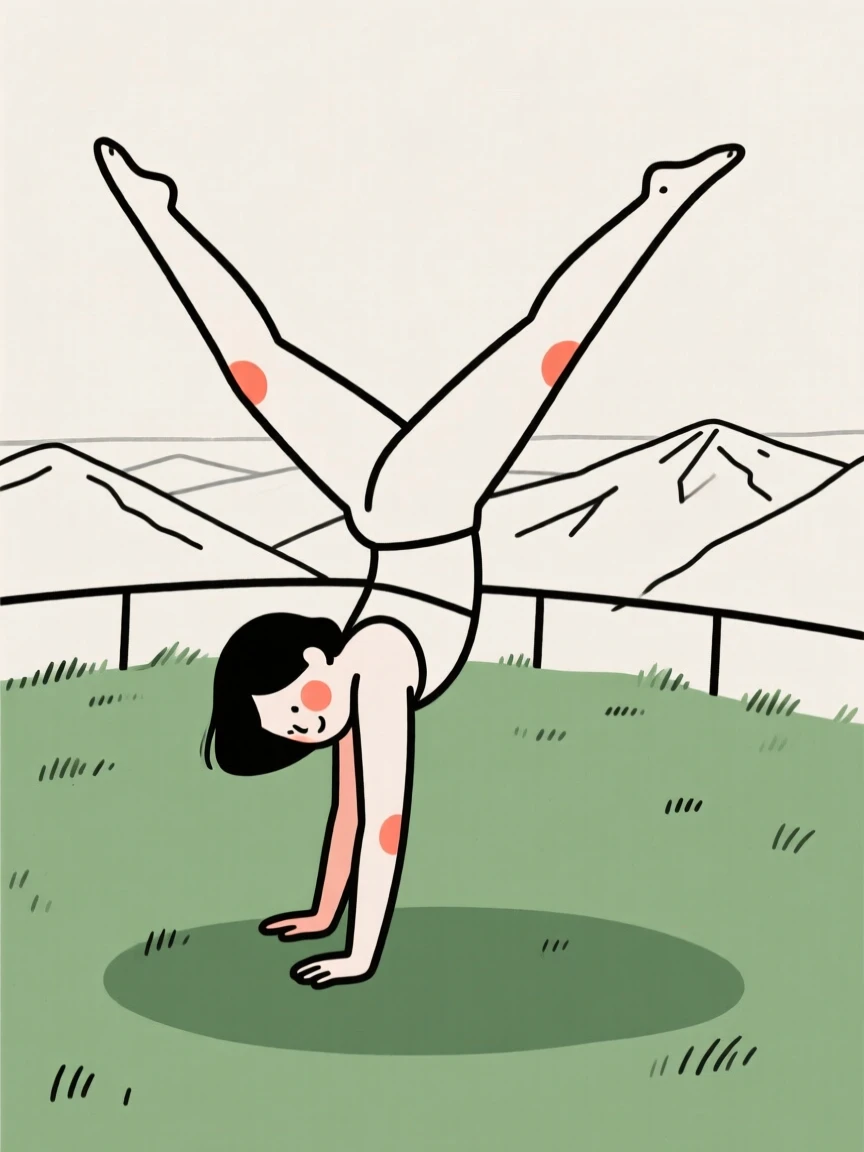 A mother practicing a cartwheel on the lawn, on a mountaintop overlook.