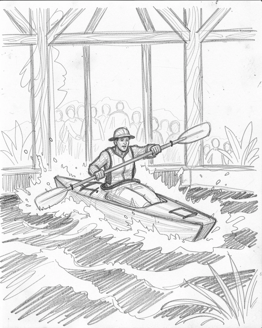 A dynamic action shot of a kayaker paddling through churning rapids in a peaceful garden studio, with the crowd blurred in the background.