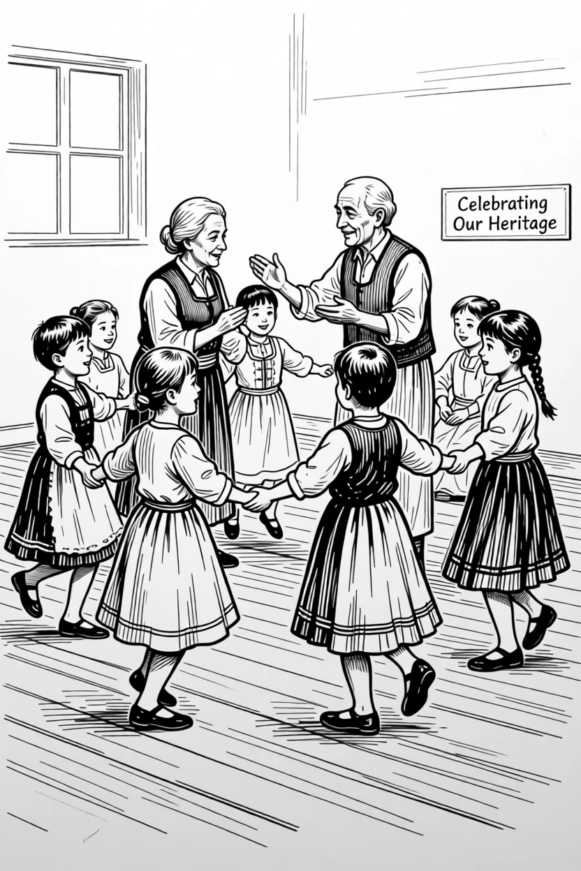 A group of children learning a traditional folk dance from their grandparents.