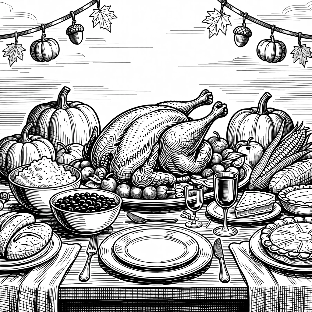 A thanksgiving table laden with a harvest feast under a sky painted with the colors of a harvest sunset, with ribbons and ornaments catching the light, capturing a joyfully nostalgic seasonal moment.