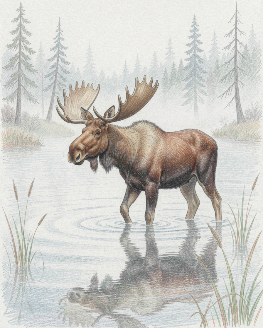 A majestic moose wading through a misty northern lake, with a gentle play of light and shadow across the composition, designed to feel inviting, memorable, and shareable.