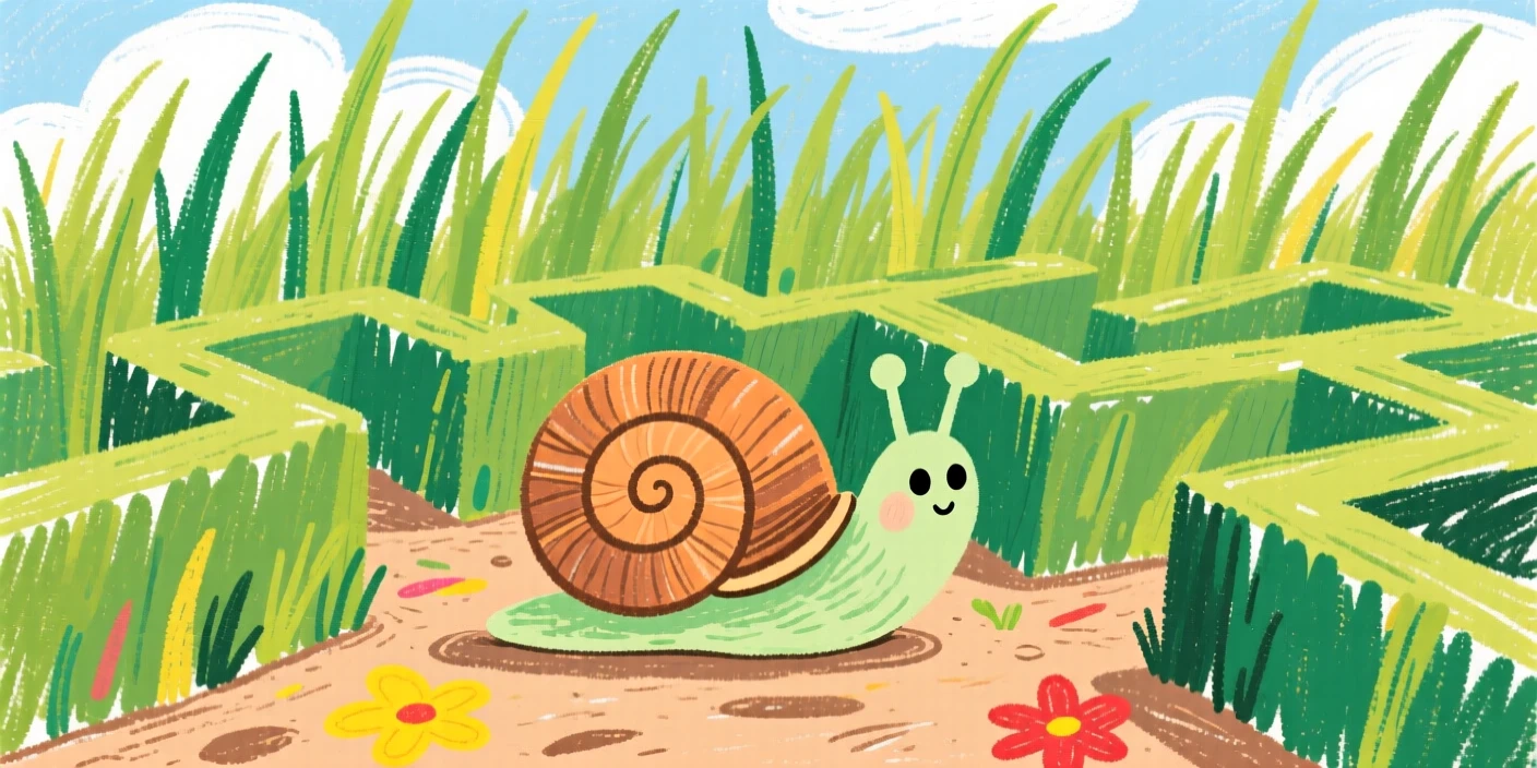A curious snail exploring a garden maze of tall grass.