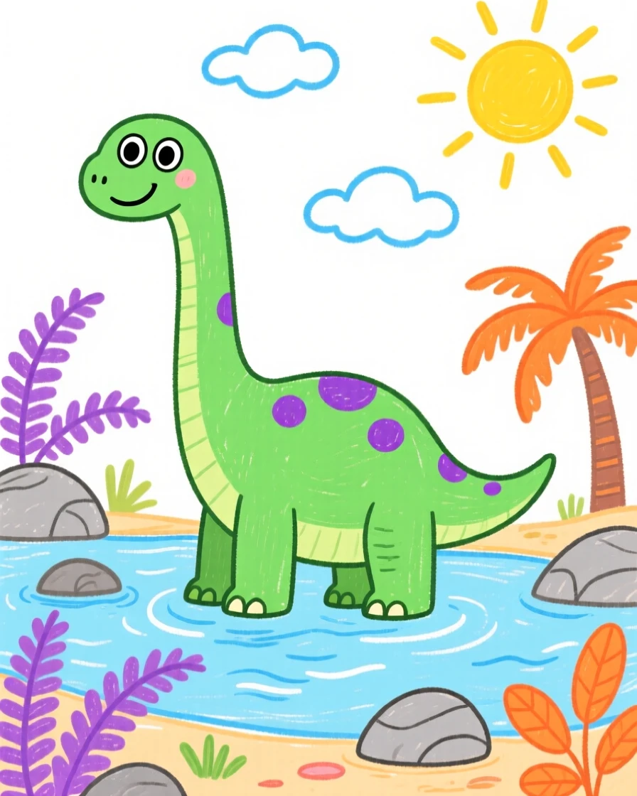 A gentle long-necked brontosaurus wading through a shallow prehistoric river.