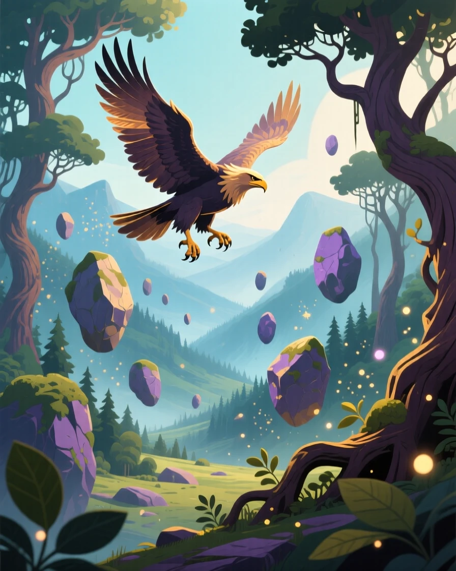 A griffin soaring above a mystical valley filled with floating rocks, surrounded by an enchanted forest alive with soft light, composed with layered depth creating a vast fantastical world, with subtle magical particles drifting through the air.