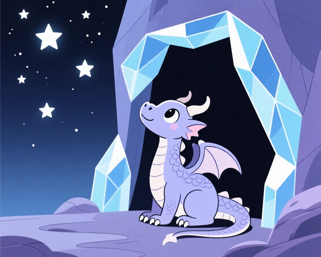 A young dragon watching the stars near a crystal cave.
