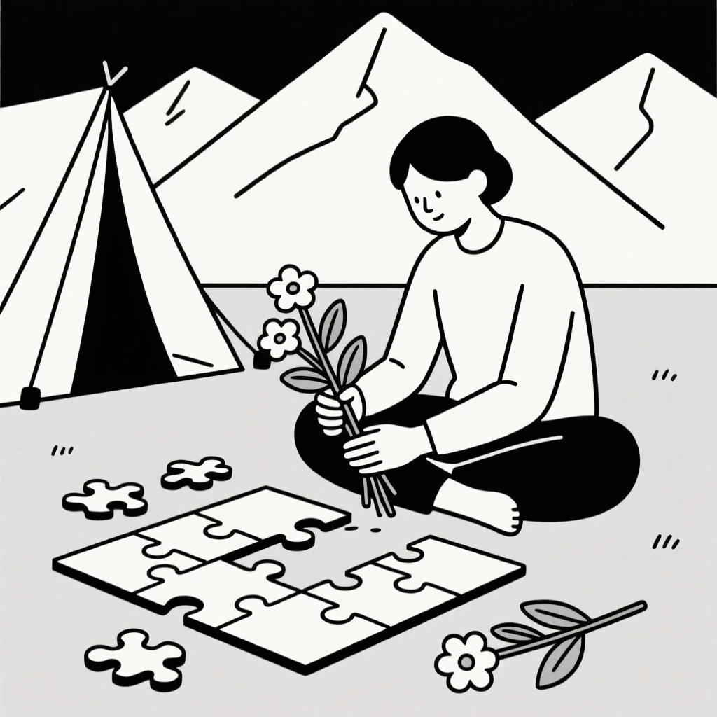 A person arranging fresh flowers in a mountain campsite, surrounded by a half-finished puzzle, showing mindful patience.