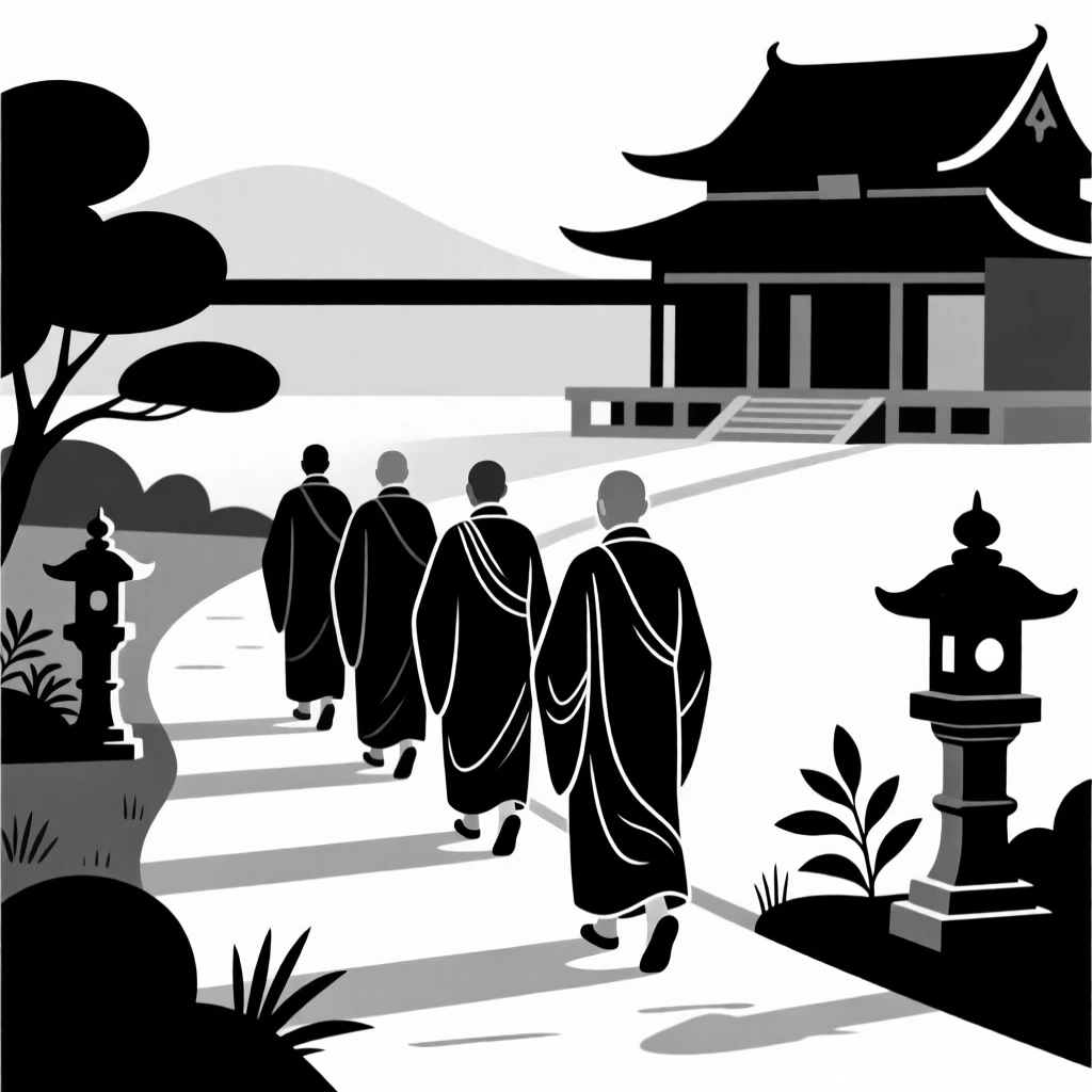 A group of monks walking a quiet temple path.