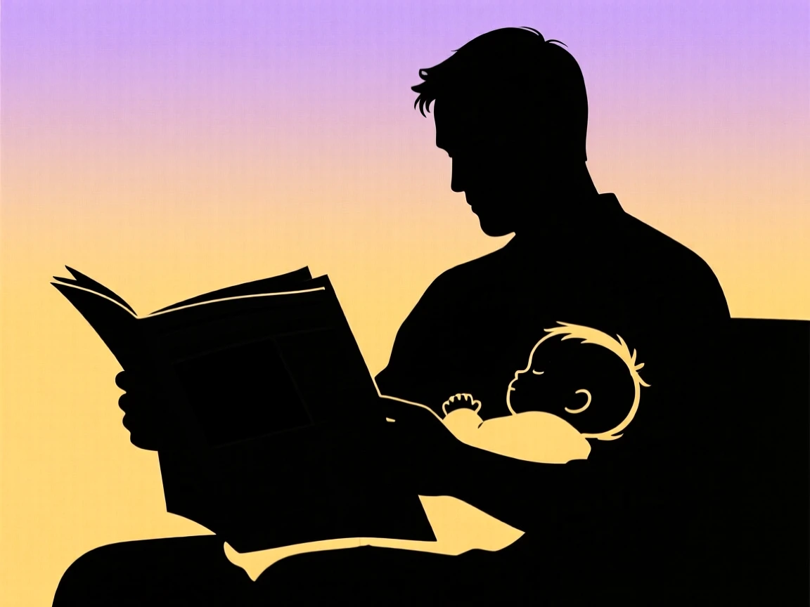 A father reading the newspaper while his toddler naps on his chest.