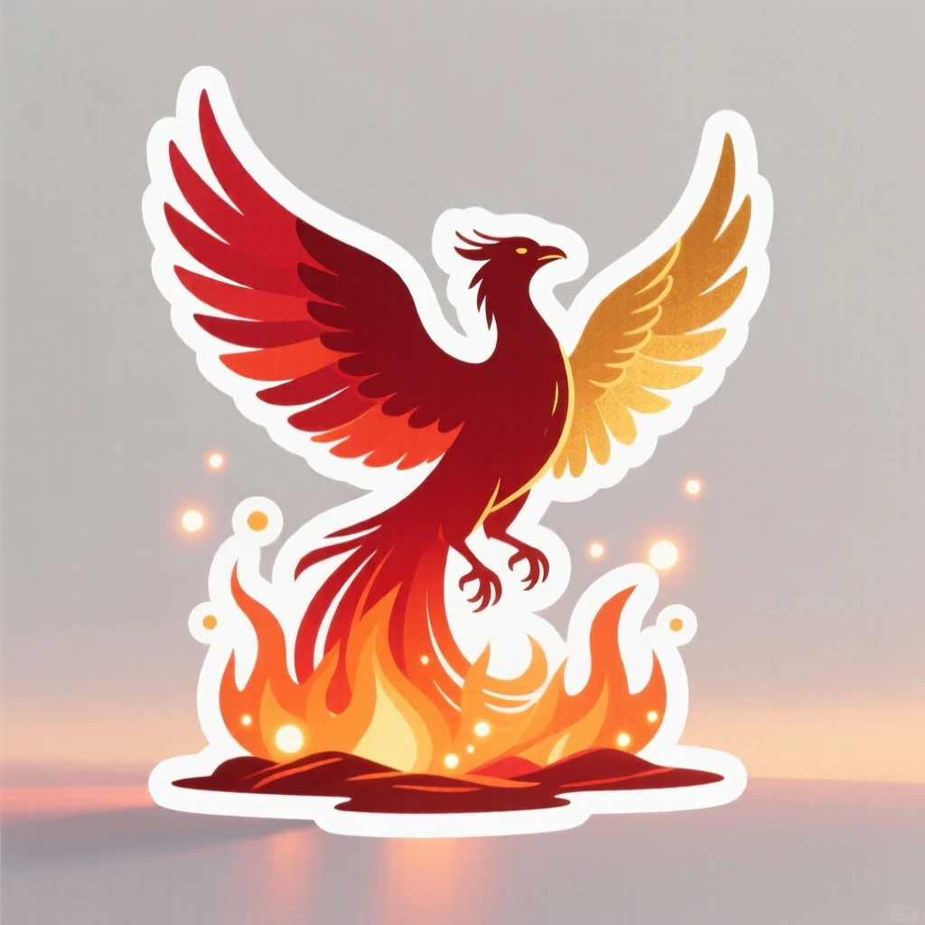A quietly powerful scene of a phoenix rising from soft glowing embers, bathed in warm golden light, representing a new beginning.