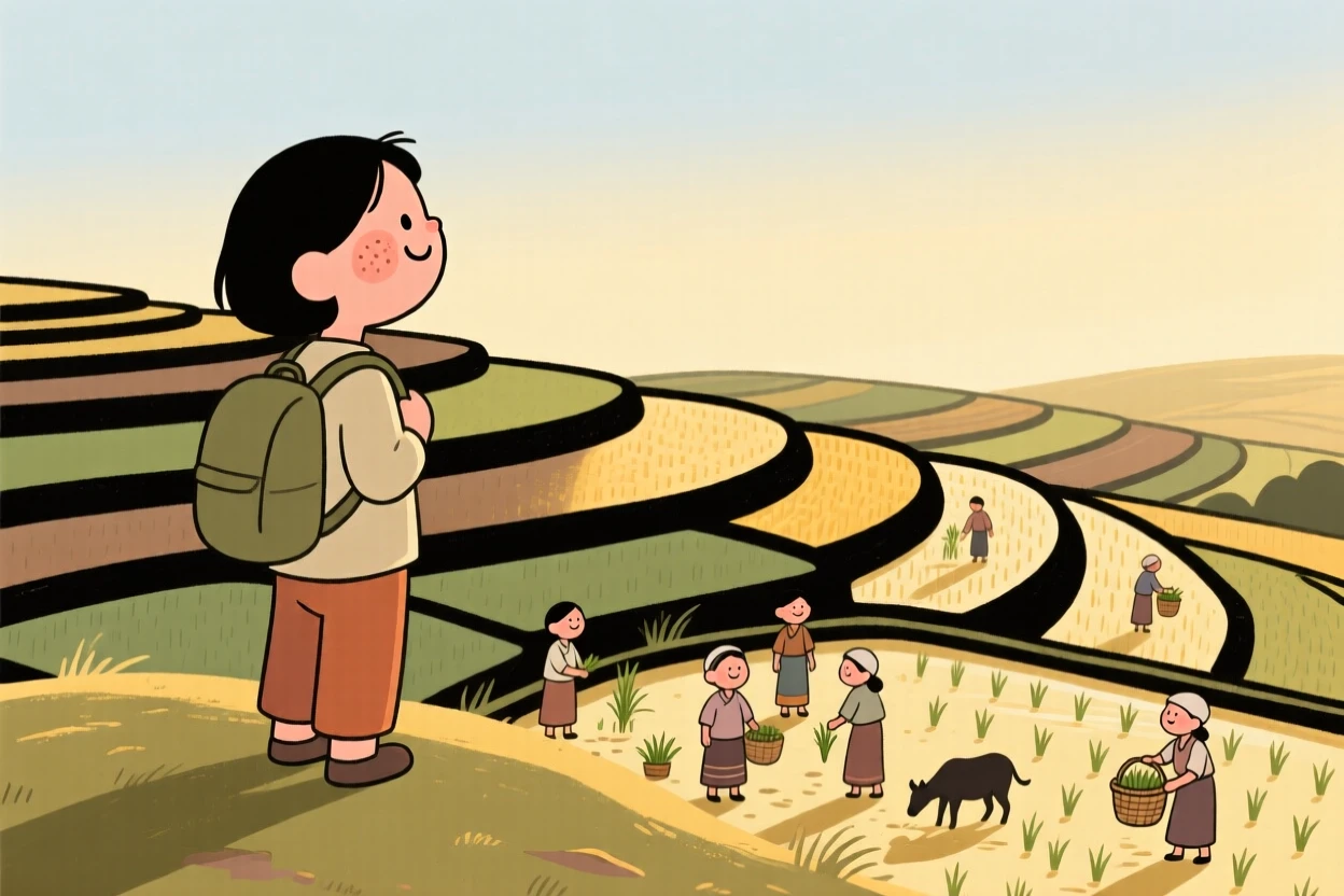 A traveler pauses on a hilltop overlook overlooking terraced rice fields, watching locals going about their morning routines as the golden afternoon light settles over the scene.