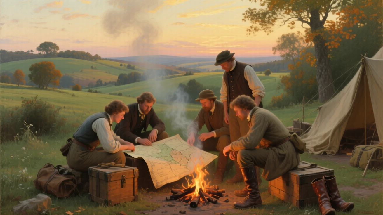 A broad landscape view of a group of explorers studying a weathered map beside a campfire, in a soft summer breeze, in the Victorian era.