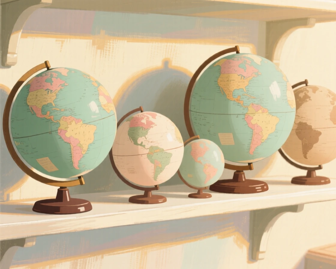 A set of world globes of different sizes lined up on a shelf