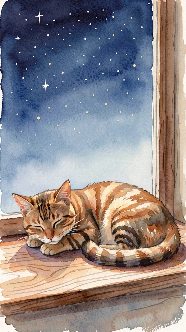 A tabby cat napping on a windowsill beneath a starry sky with its ears perked up.