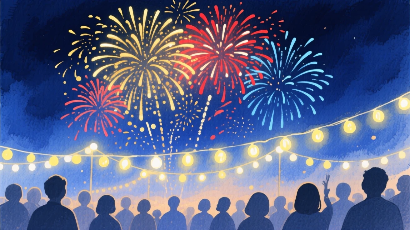 A joyful scene of a New Year's fireworks display, decorated with twinkling string lights, capturing the warmth of the celebration
