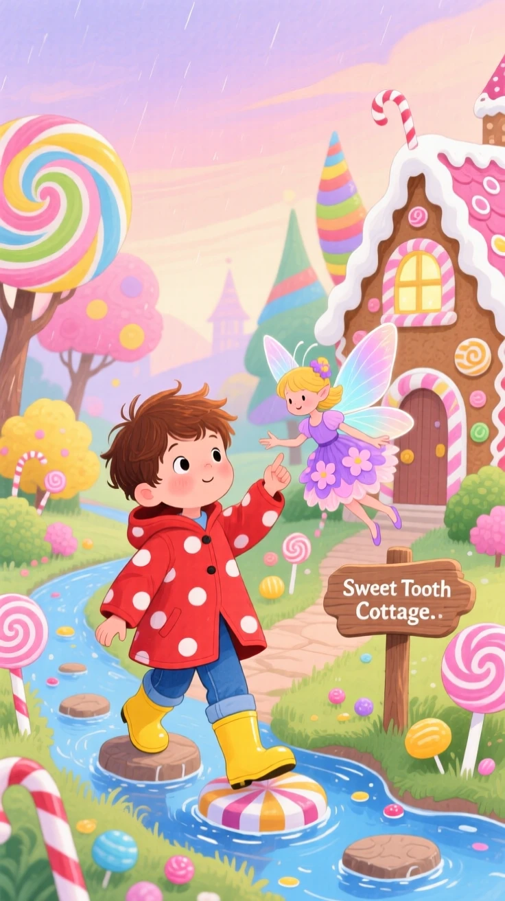 A small boy in rain boots and a tiny fairy with glowing wings exploring a candy-colored kingdom together.