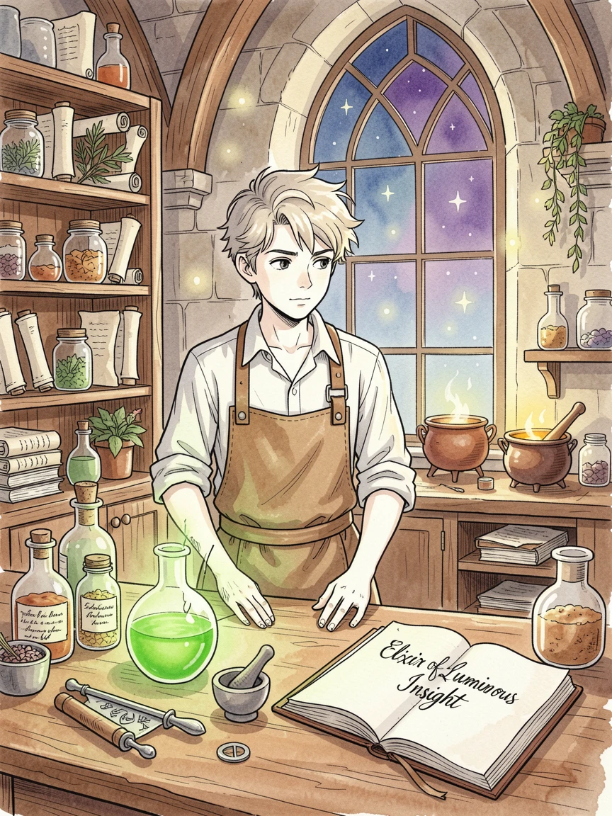 A young apprentice mixing glowing potions in a cluttered alchemy tower, stars or glowing motes drifting gently through the air.