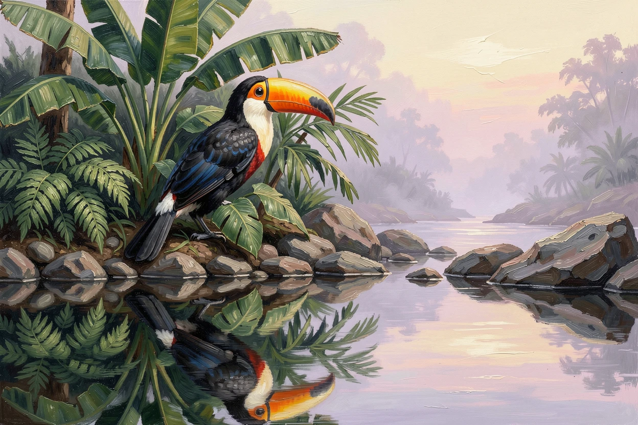 A colorful toucan perched among tropical leaves, its reflection mirrored perfectly in the still water, along a rocky riverbank at dawn, on a misty early morning.