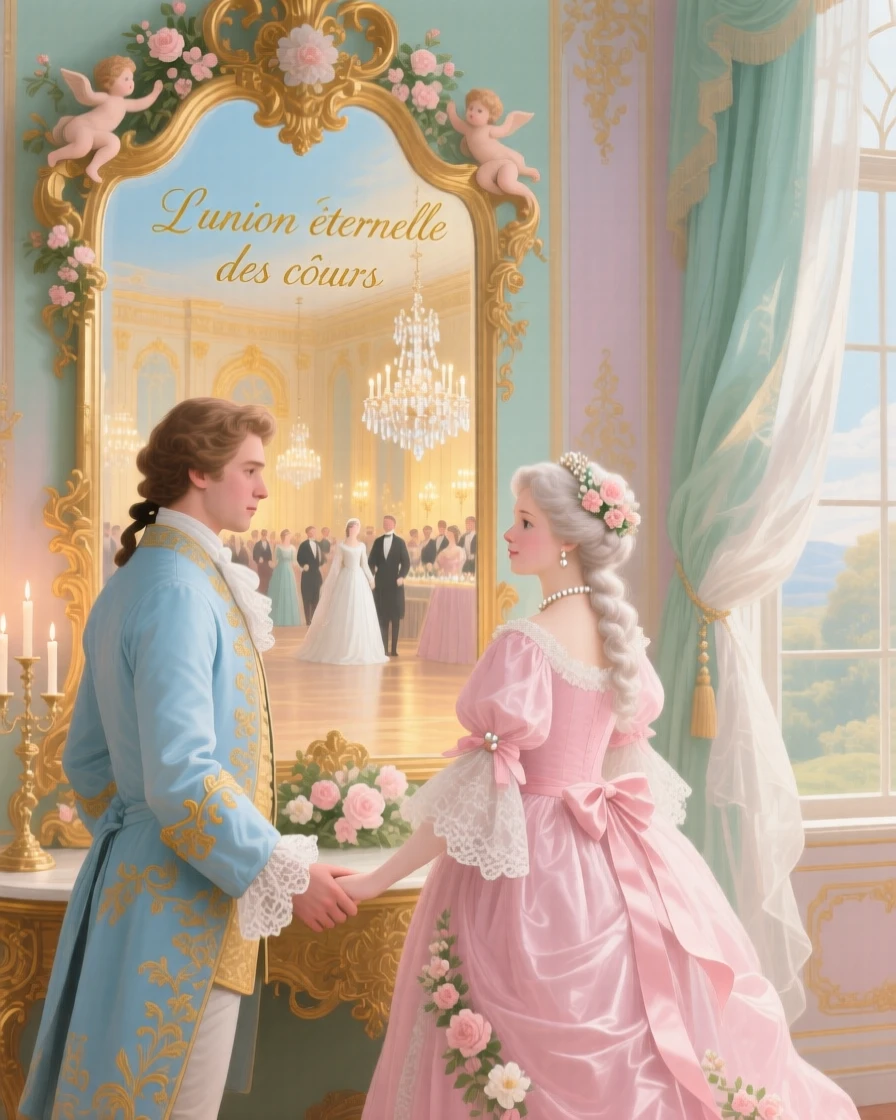 A prince and princess standing before a mirror that reflects their wedding future  