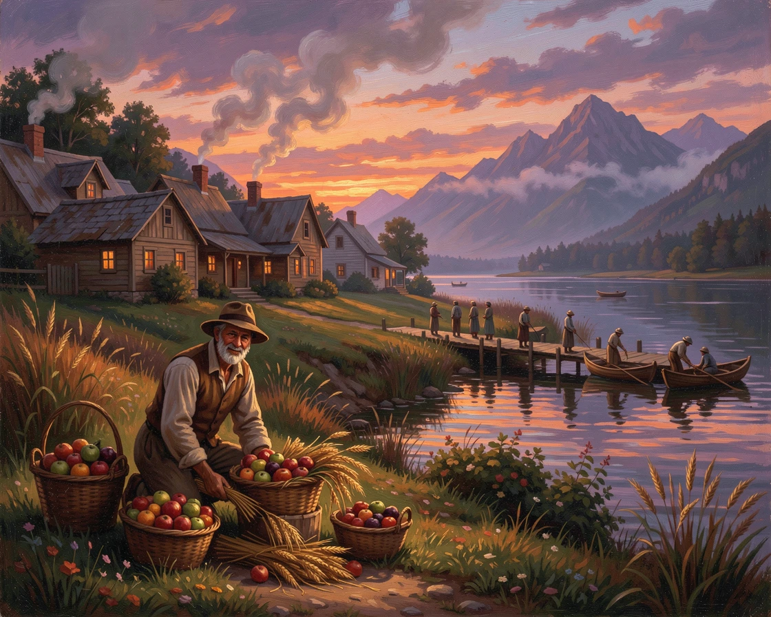 A traveling merchant gathers the harvest near a lakeside village at dusk as smoke rises from chimneys.