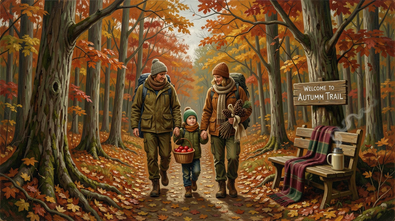 A crisp autumn hike through a forest ablaze with fall color, with cozy, festive details adding charm to the setting, radiating comfort, celebration, and heartfelt togetherness