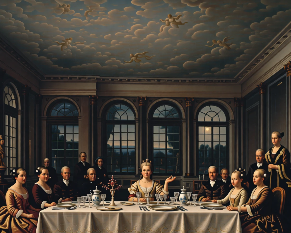 A dowager duchess presiding over an elegant dinner table just before the grand doors are thrown open, set beneath a painted ceiling depicting cherubs and clouds, with tall windows revealing a moonlit garden beyond; converging sightlines from the guests draw attention to the central gesture, filled with quiet ceremony and inherited dignity.