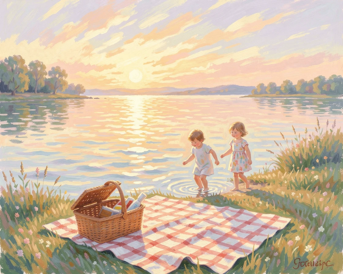 A lakeside family picnic with a checkered blanket, wicker basket, and children wading in the shallows, at golden sunrise.
