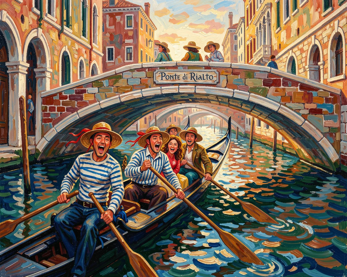 Traditional gondoliers singing as they row tourists beneath Venice's ancient bridges.