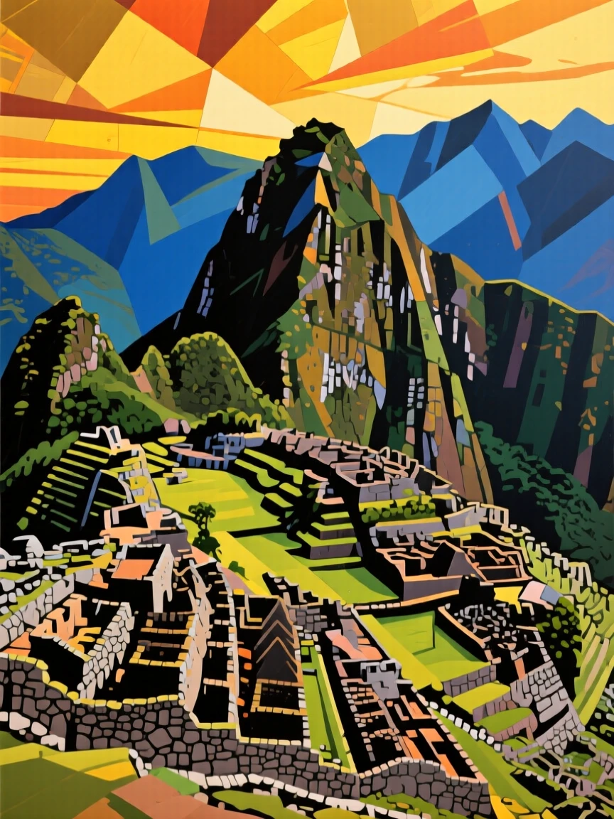 A breathtaking view of Machu Picchu, glowing under a golden sunset.