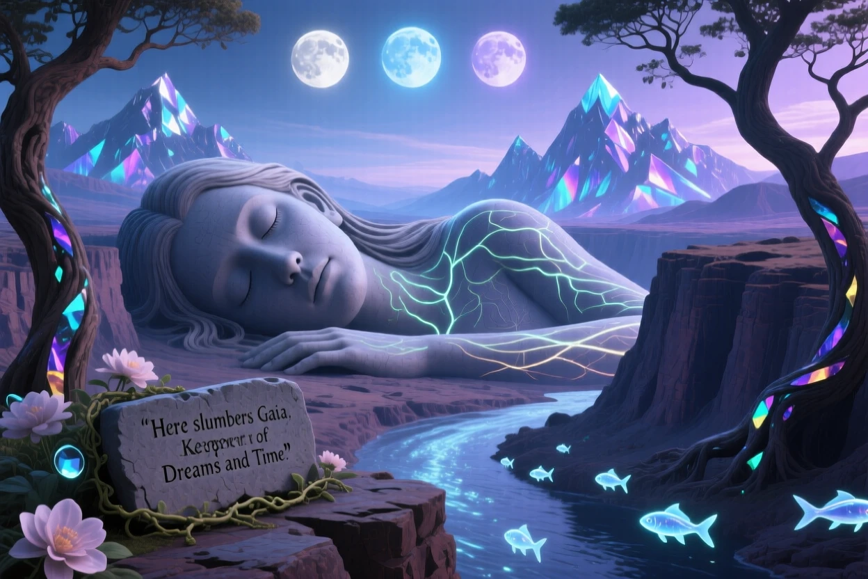 A canyon carved into the shape of a giant sleeping figure lies silent under the pale glow of three distant moons, while distant mountains seem to shimmer like a mirage.
