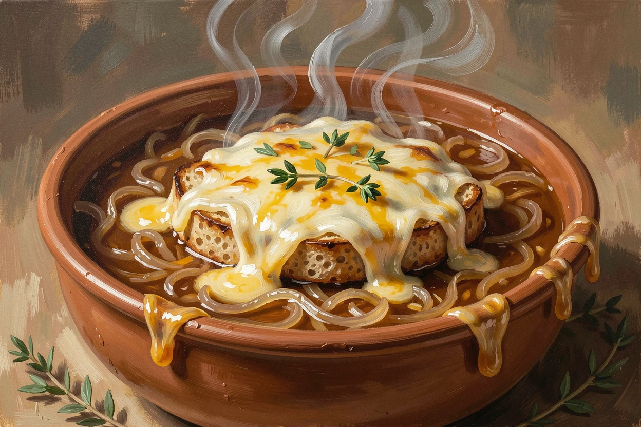 A steaming bowl of French onion soup shows melted gruyère bubbling over the rim, a crusty baguette slice visible beneath the cheese, small garnishes and finishing touches arranged with quiet, deliberate care.