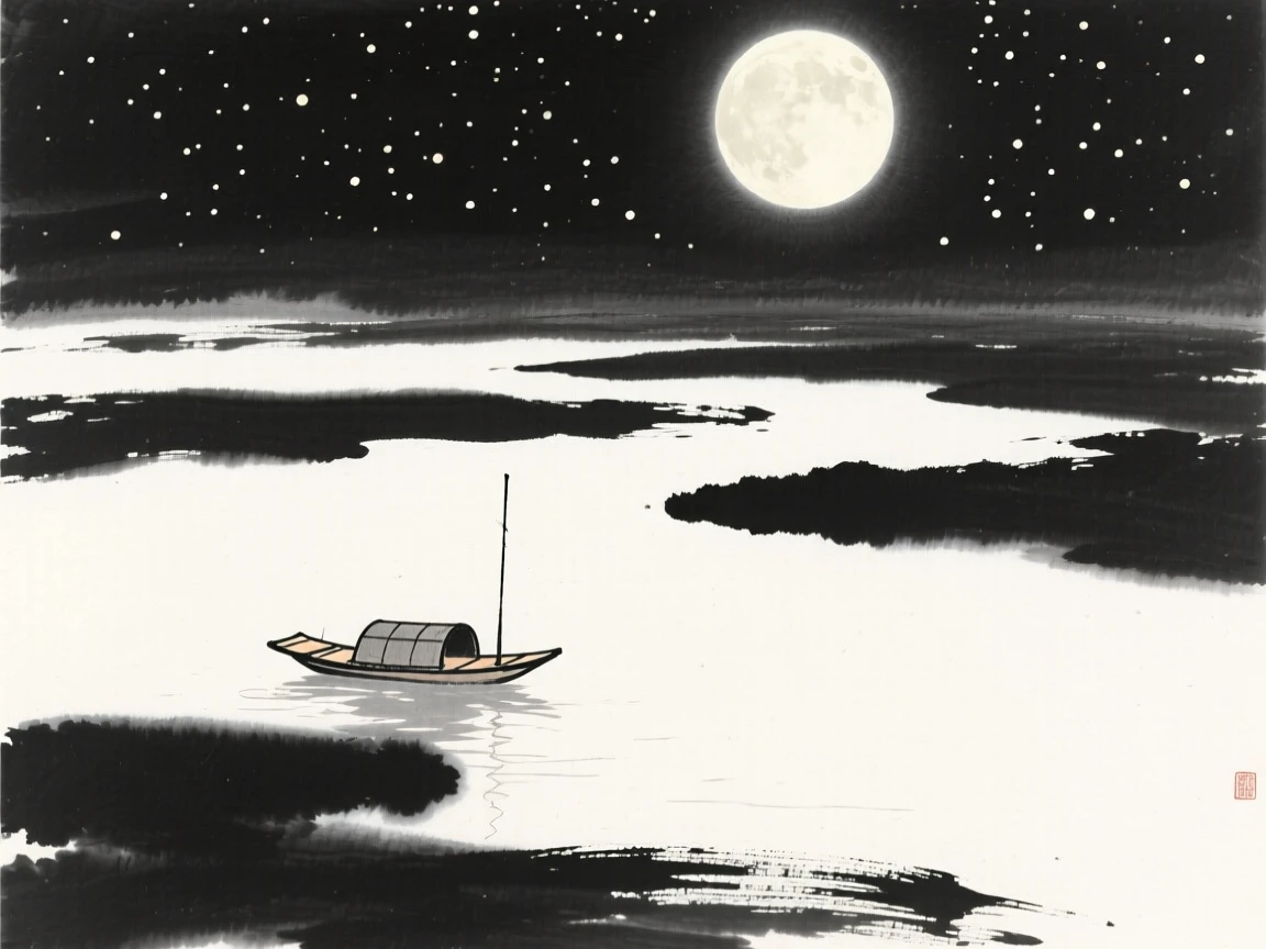 A small boat drifts silently across a river under a bright full moon, beneath a canopy of scattered stars.