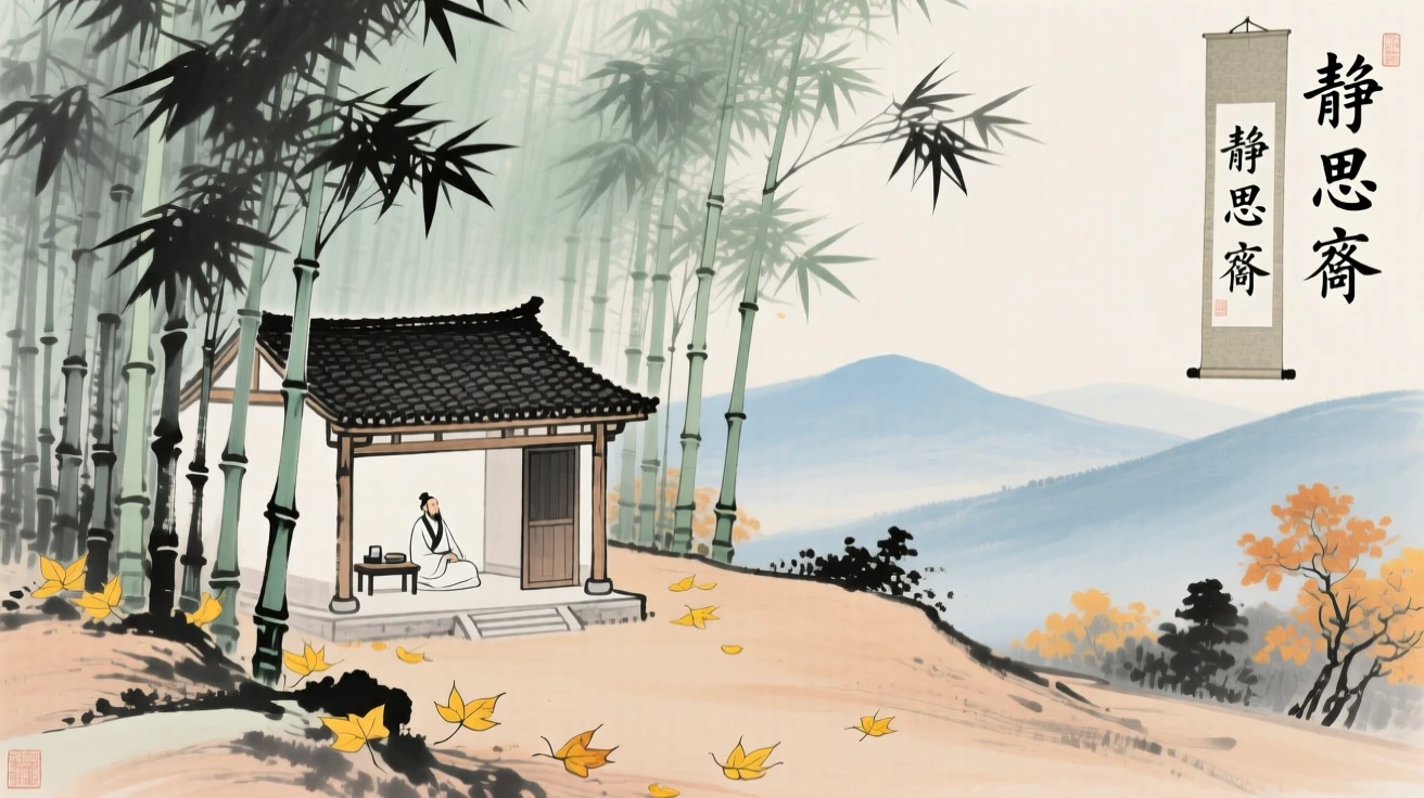 A scholar's studio nestled among bamboo on a quiet hillside, touched with gentle melancholy, as autumn leaves turn golden.