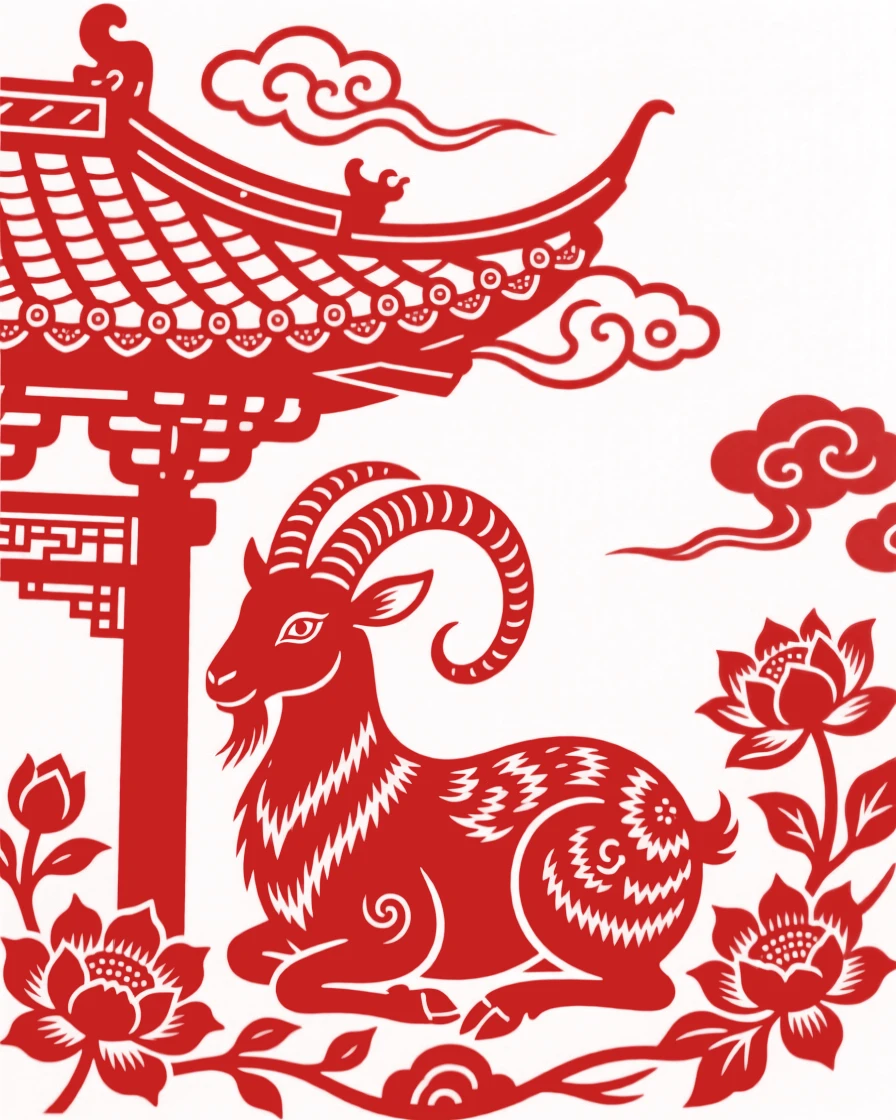 A mountain goat, nesting beneath the eaves of an old temple, symbolizing peace and good fortune.