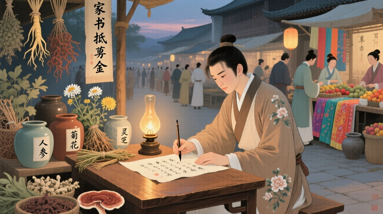 A young herbalist writing a letter home by lamplight in a marketplace bustling with color and life