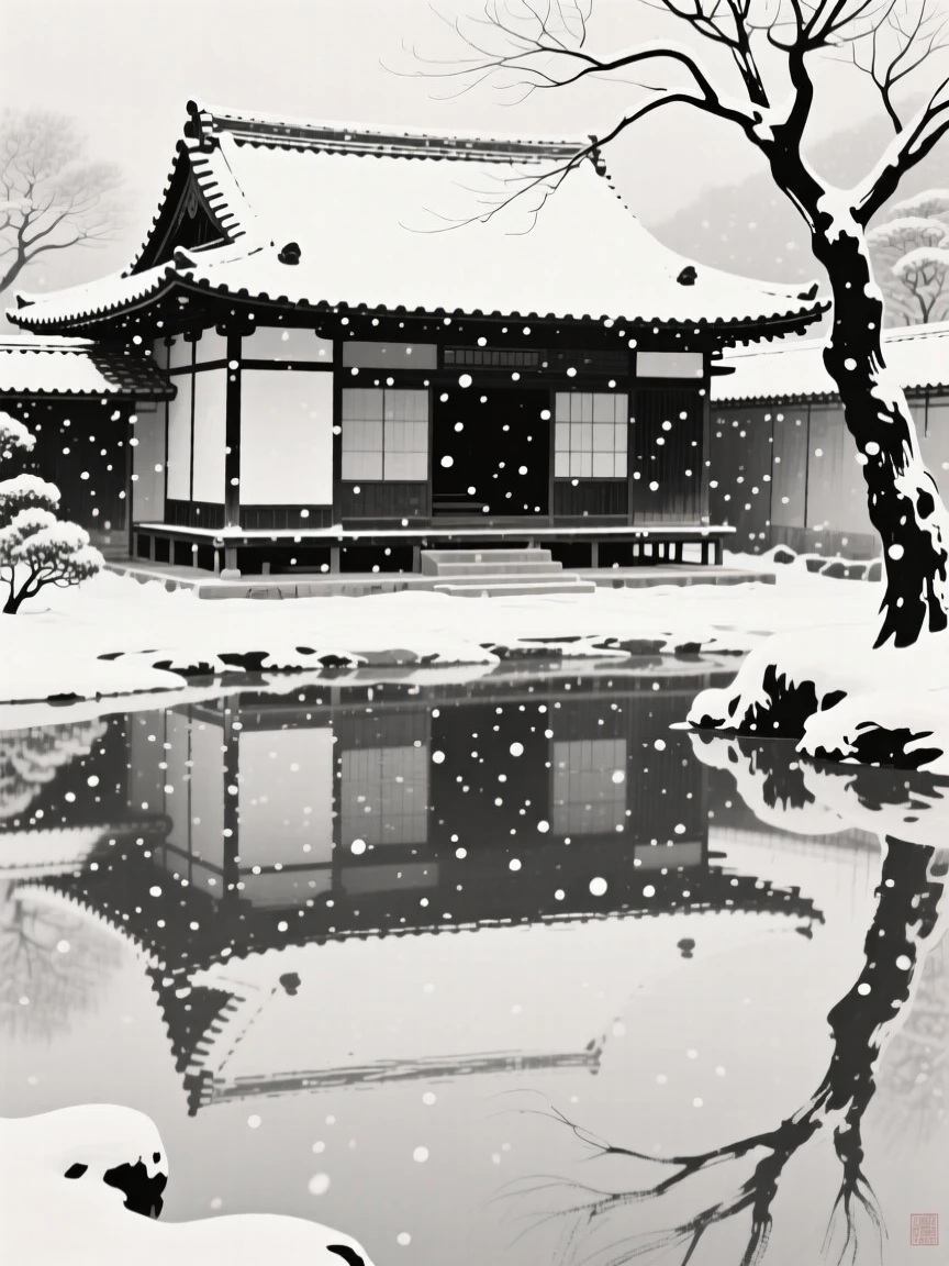 A traditional courtyard house beneath a canopy of falling snow, seen from across still water, reflected on the surface, evoking centuries of quiet history and devotion.