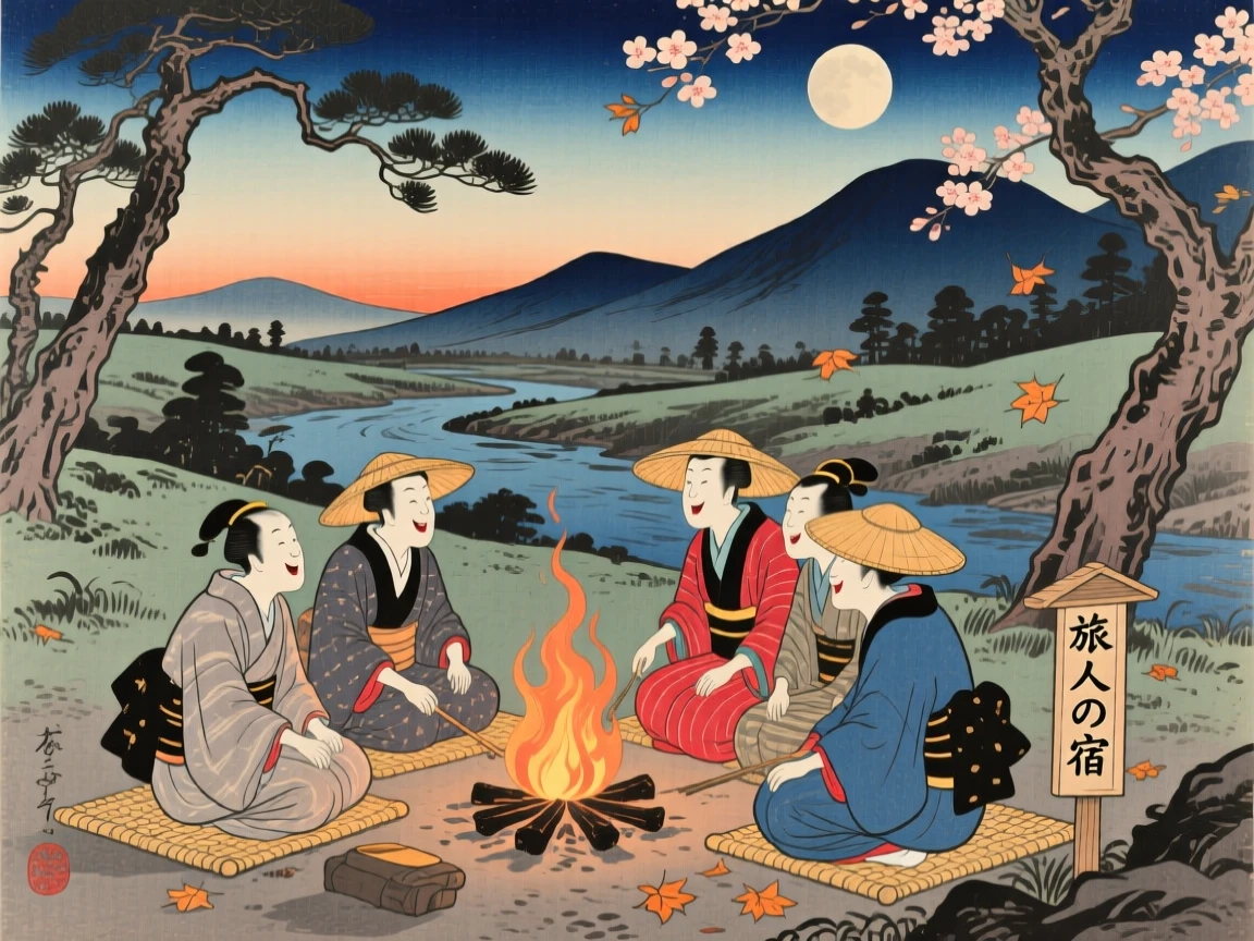 A traveler laughing together around a warm campfire.