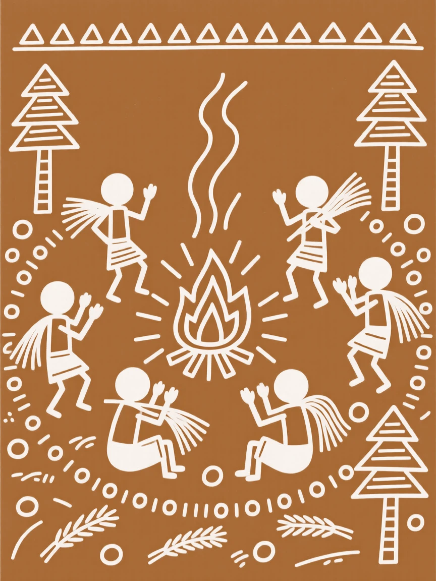 A group of harvesters gathering around a fire after the harvest is complete.