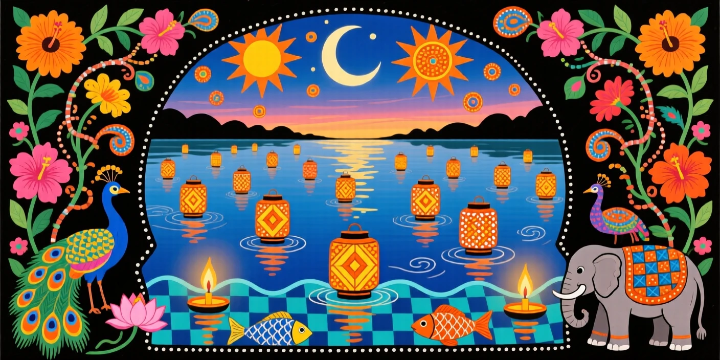 A candlelit vigil of lanterns released over a quiet lake.