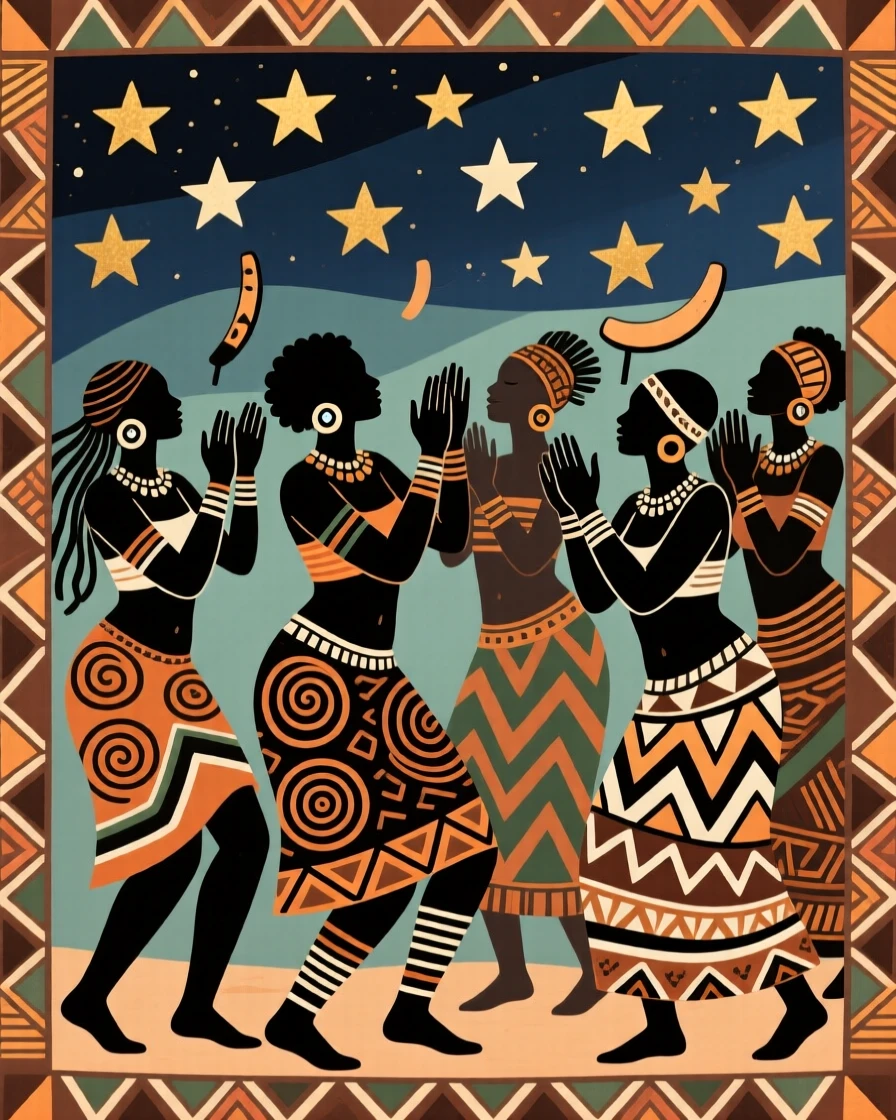 A group of women clapping in rhythm performing beneath a canopy of stars.