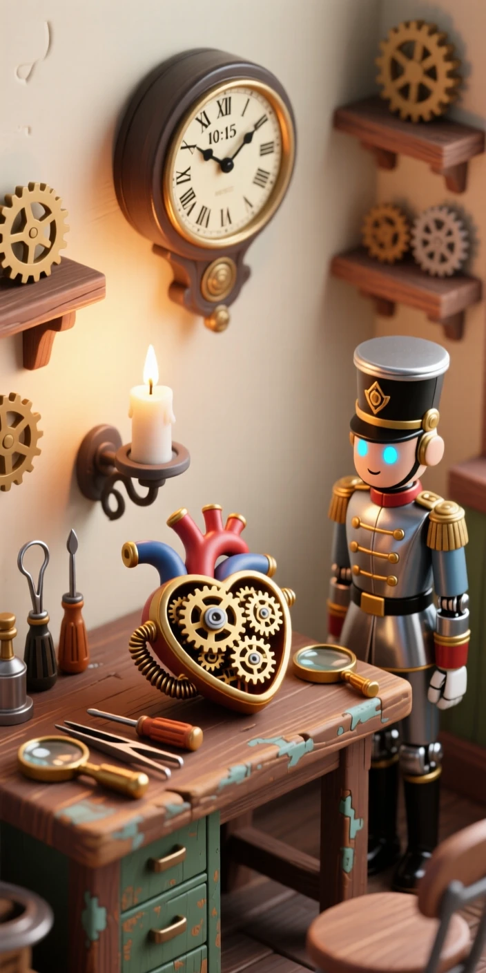 A clockmaker building a mechanical heart for a tin soldier, gears ticking softly in a candlelit workshop.